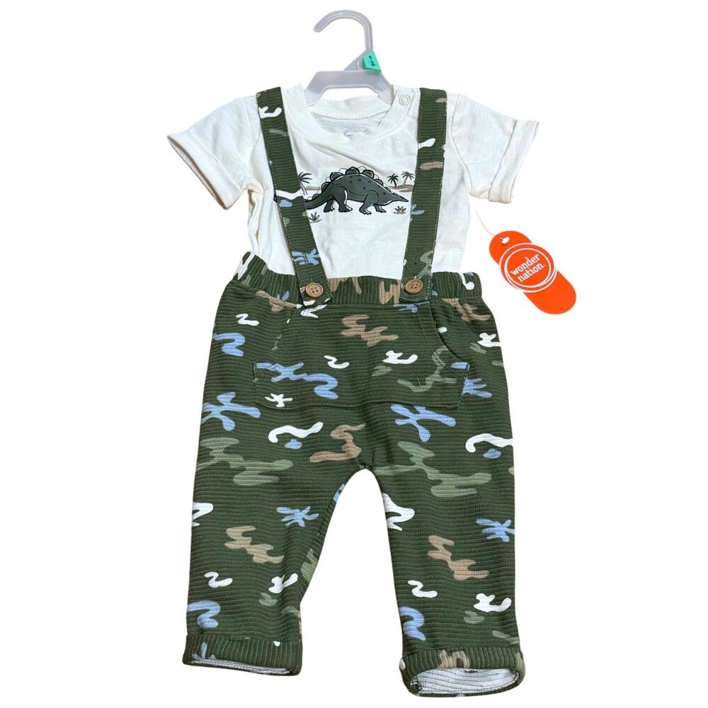 NWT Wonder Nation Baby Boys 6-9M 2-Piece Outfit Set Dinosaur Shirt & Suspenders
